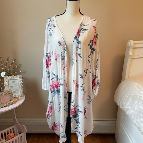 Women's White w/Floral Print Bohemian Kimono L NWT - Picture 4 of 9